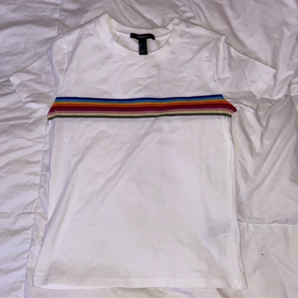 White T-shirt with colorful stripes